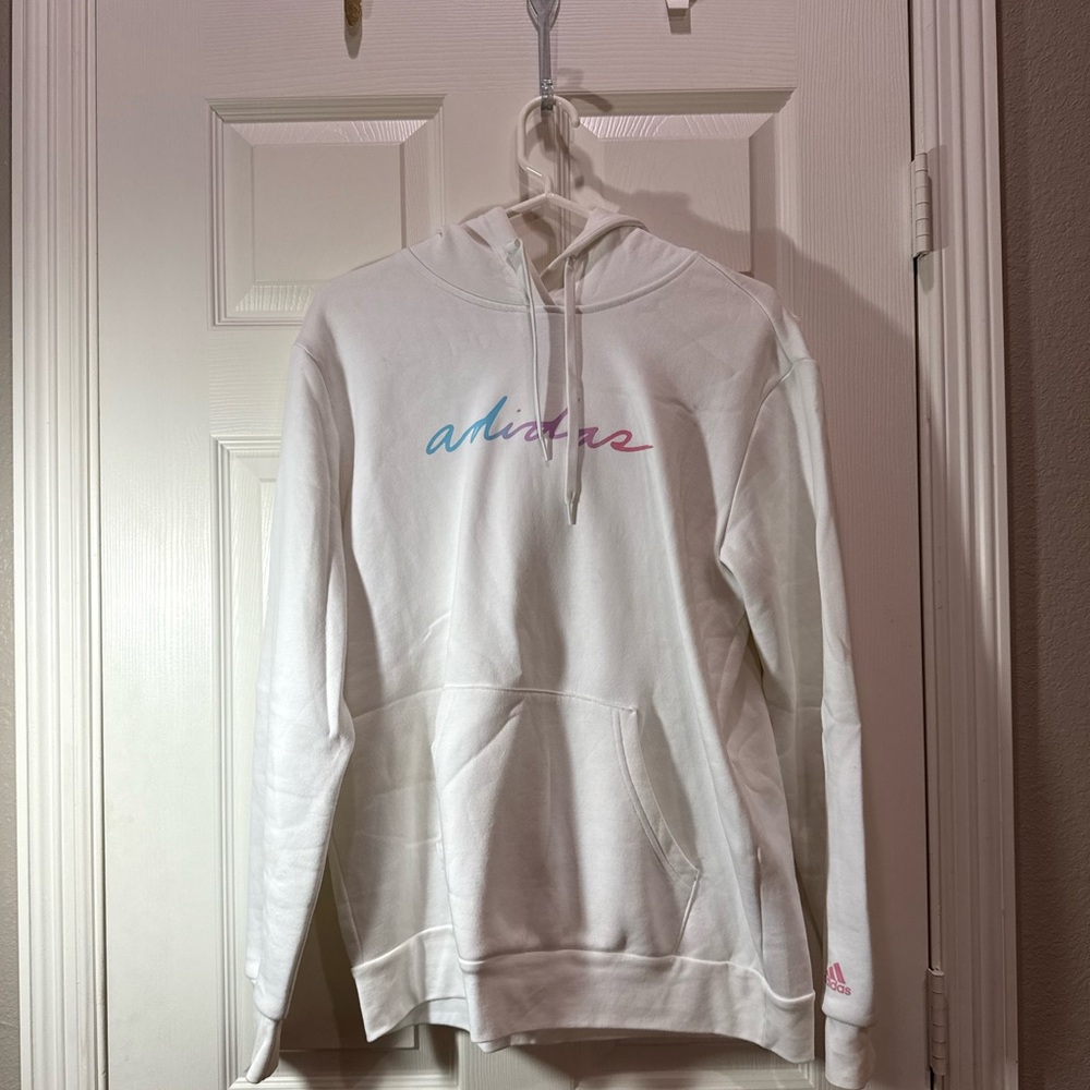 Adidas Women's White Hoodie with Pink and Blue Logo